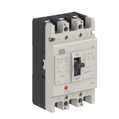Imagem Produto DISJUNTOR CAIXA MOLDADA 3 POLOS 100A 20KA EM 400V DWP125L-100-3 - WEG