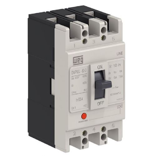 Imagem Produto DISJUNTOR CAIXA MOLDADA 3 POLOS 50A 15KA EM 400VCA DWP63L-50-3 - WEG