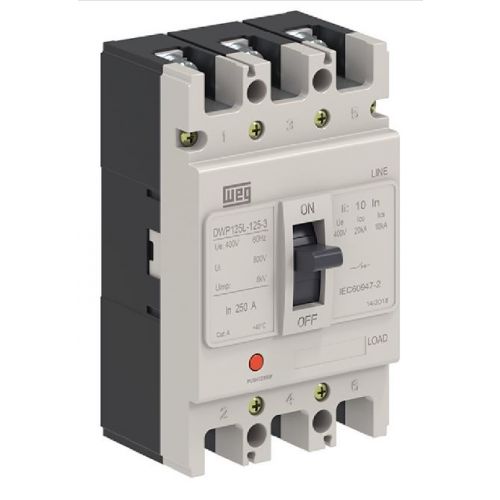 Imagem Produto DISJUNTOR CAIXA MOLDADA 3 POLOS 80A 20KA EM 400VCA DWP125L-80-3 - WEG