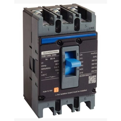 Imagem Produto DISJUNTOR CAIXA MOLDADA 3 POLOS 80A 36KA EM 220VCA TDM - TRAMONTINA