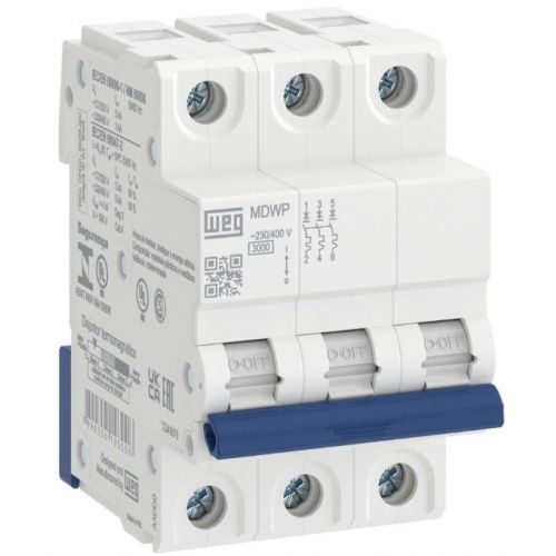 Imagem Produto DISJUNTOR DIN 3 POLOS C63 3KA/400V E 5KA/220V ICN MDWP-C63-3 - WEG