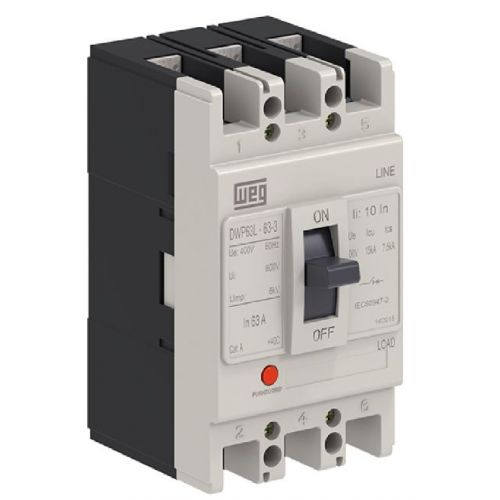 Imagem Produto DISJUNTOR CAIXA MOLDADA 3 POLOS 63A 15KA EM 400V DWP63L-63-3 - WEG
